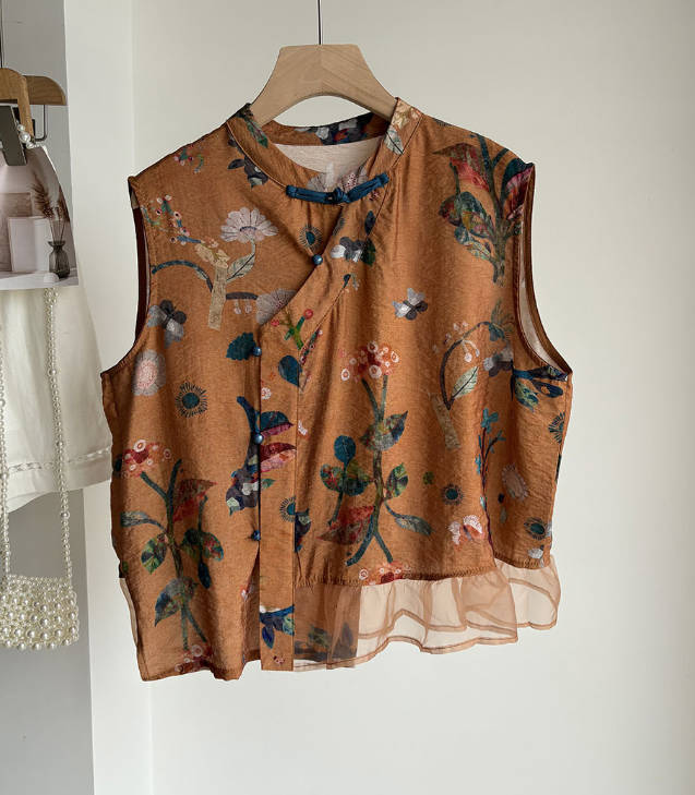 Vintage Floral Printed Frog Button Slanted Placket Mesh Hem Vest Top