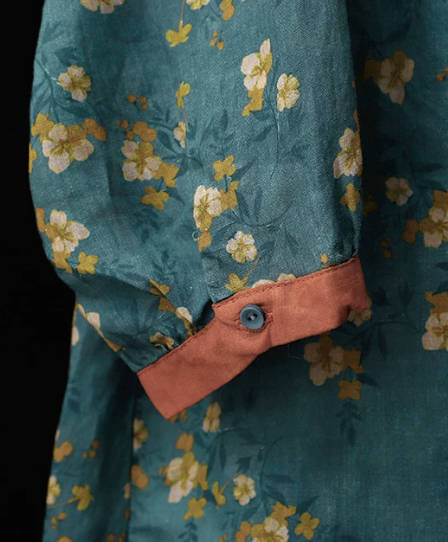 Retro Floral Print Linen-Cotton Turn-Down Collar Short-Sleeve Shirt Cropped Harem Pants Set
