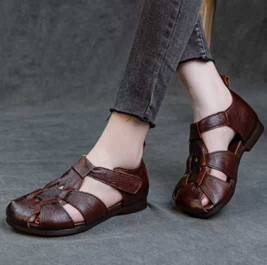 Retro Women Genuine Leather Round Toe Cut Out Soft Sandals