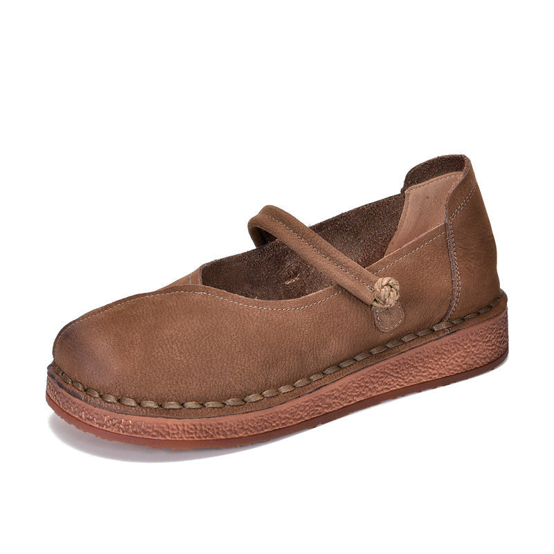 Retro Leather Thick Flat Soft Sole One Straped Casual Sandals