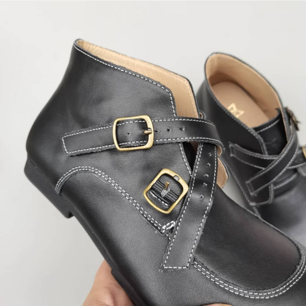 Vintage Leather Wide Toe Soft Flat Sole Crossing Straped Ankle Boots