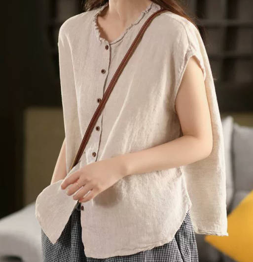 Summer Retro Sleeveless Ruffle Loose Fit Cotton Linen Top