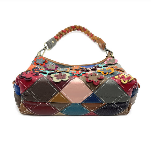 Leather Patchwork Flower Diamond Pattern Color-Block Casual Crossbody Handbag