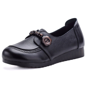 Top Leather Round Toe Shallow Beads Slip-On Flat Shoes