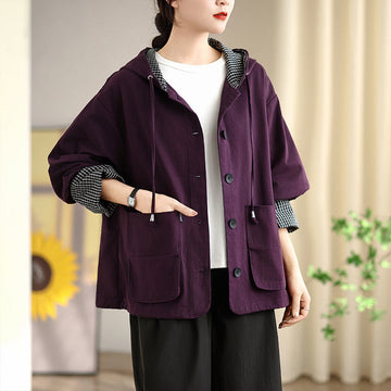 Plaid Patchwork Hooded Windbreaker Long Sleeve Loose Coat