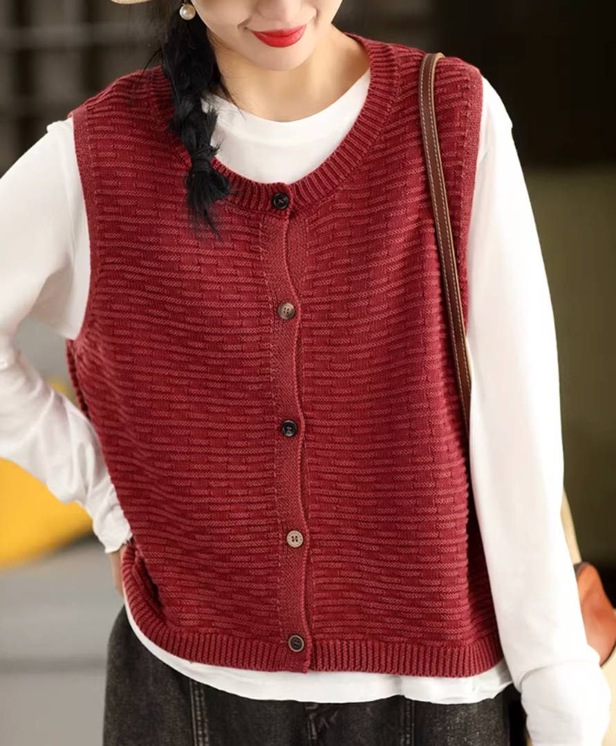 Vintage Cotton Knitted Round Neck Single-Breasted Sleeveless Vest