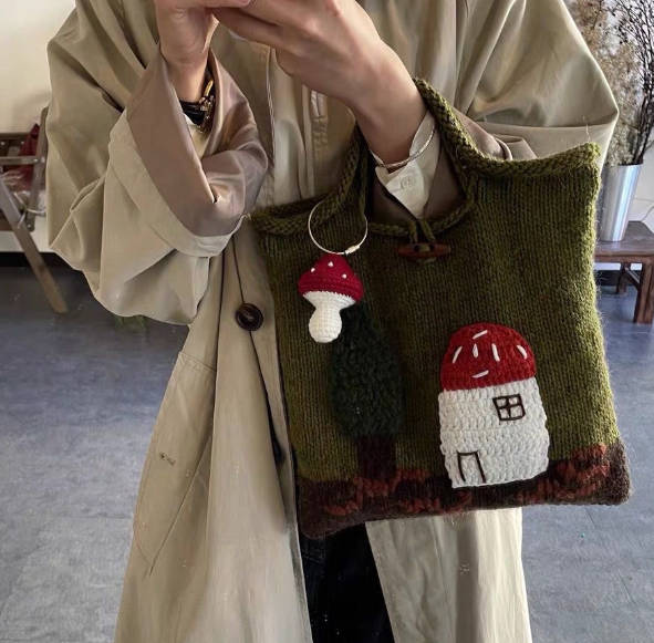 Vintage Forest Mushroom House Hand-knitted Tweed Tote Bag