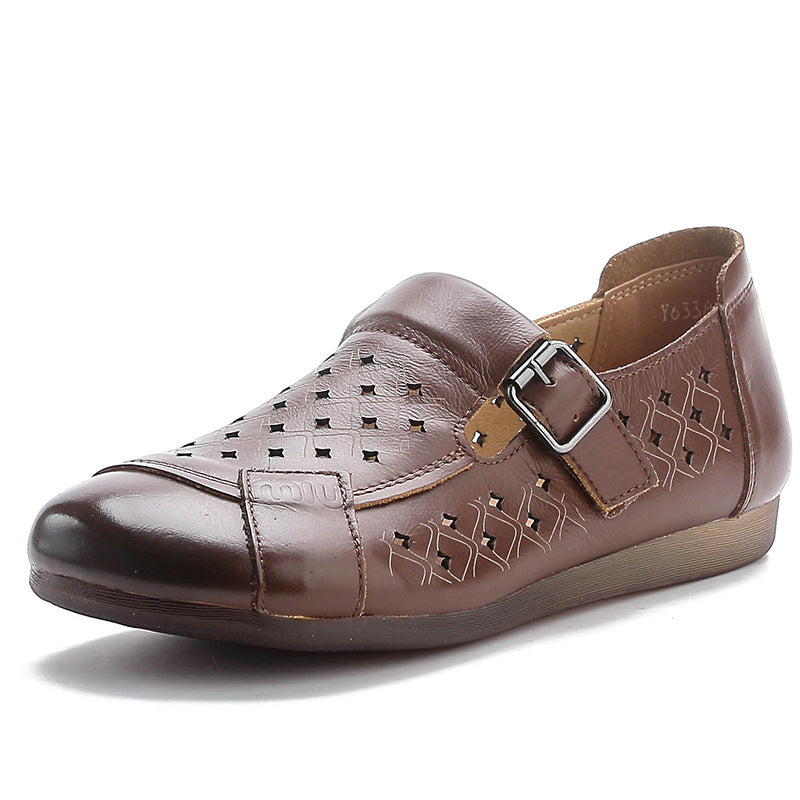 Top Leather Round Toe Hallow Soft Flat Sole Comfy Slip-On Shoes