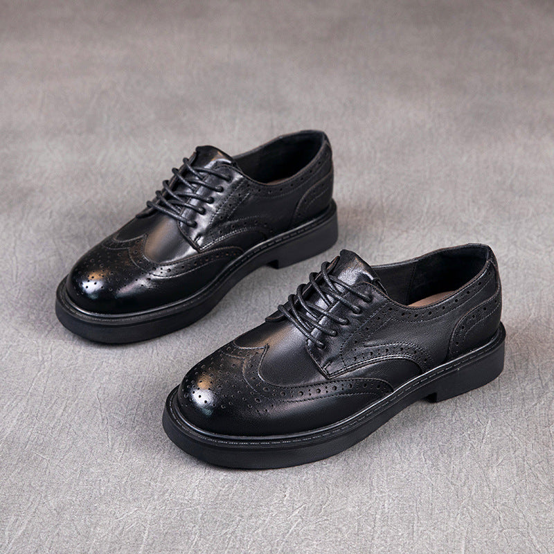 Spring Retro Leather Hallow Breathable  Slim Soft Sole Slip-On Flat Shoes