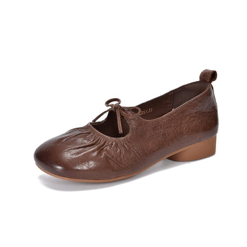 Spring Leather Round Toe Shallow Bow Slip-On Chunky Shoes
