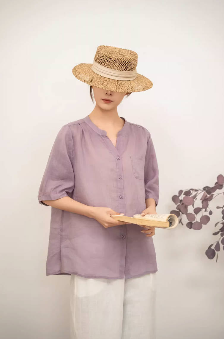Spring Ramie V-Neck Thin Breathable Half Sleeves Thin Slim Tops