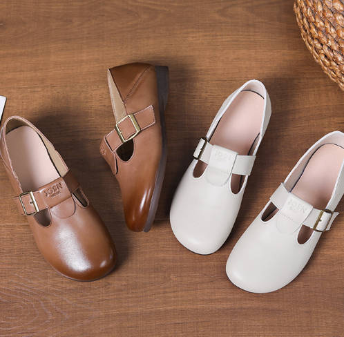 Spring Retro Soft Sole Leather Round Toe Buckle Birkenstock-style Flats