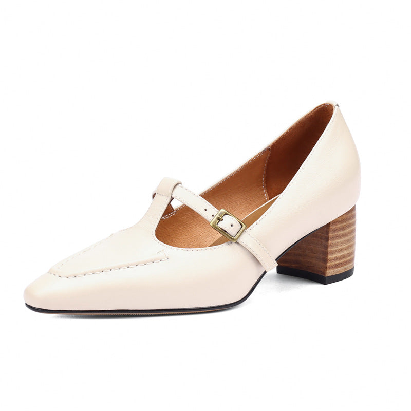 Elegant Leather Pointed Toe One Straped Chunky Shoes