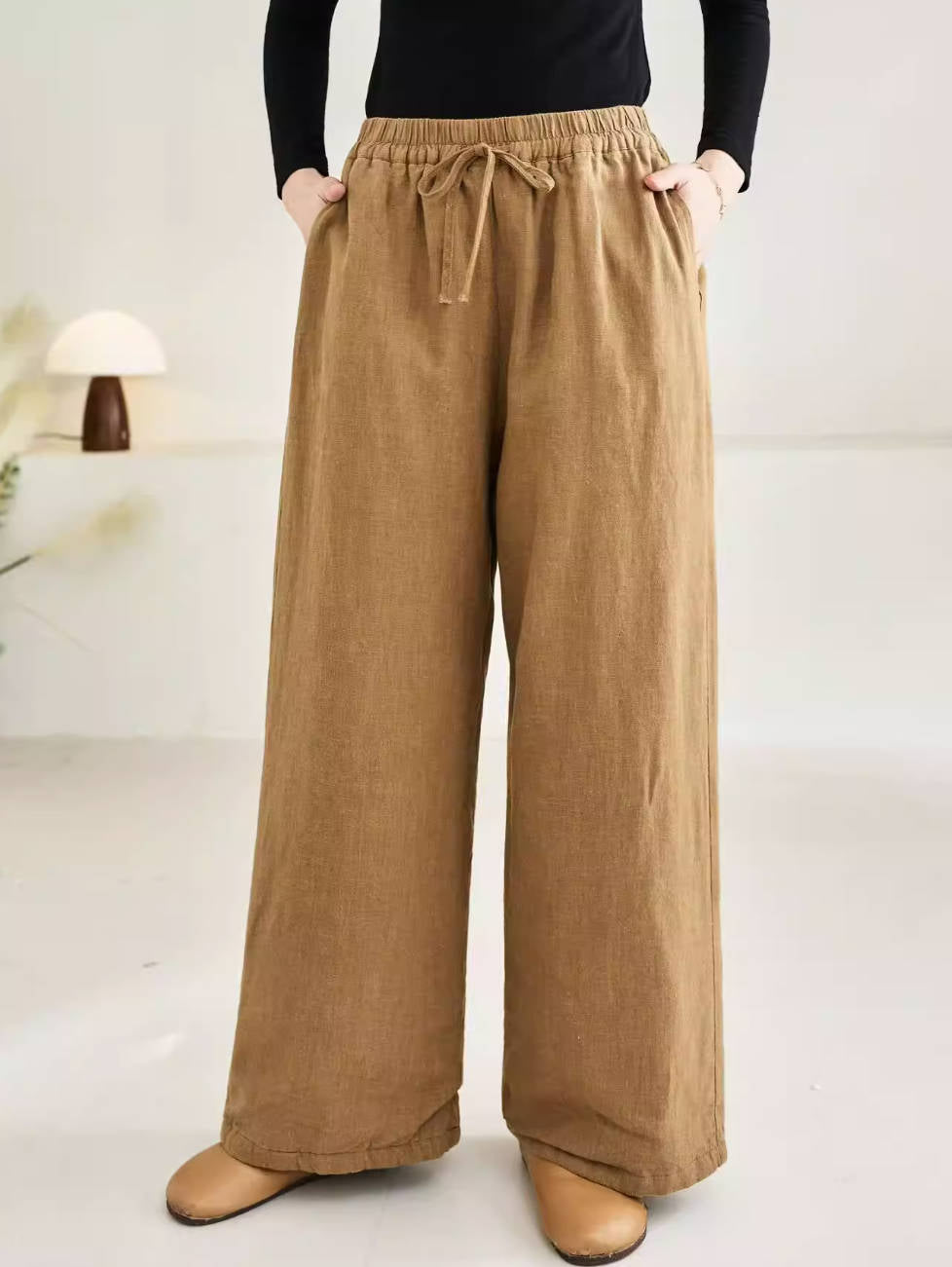Winter Retro Ramie Washed Double-Face Cotton-In Slim Warm Pants