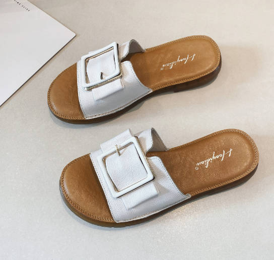 Summer Versatile Women Open Toe Genuine Leather Soft Slide Sandals
