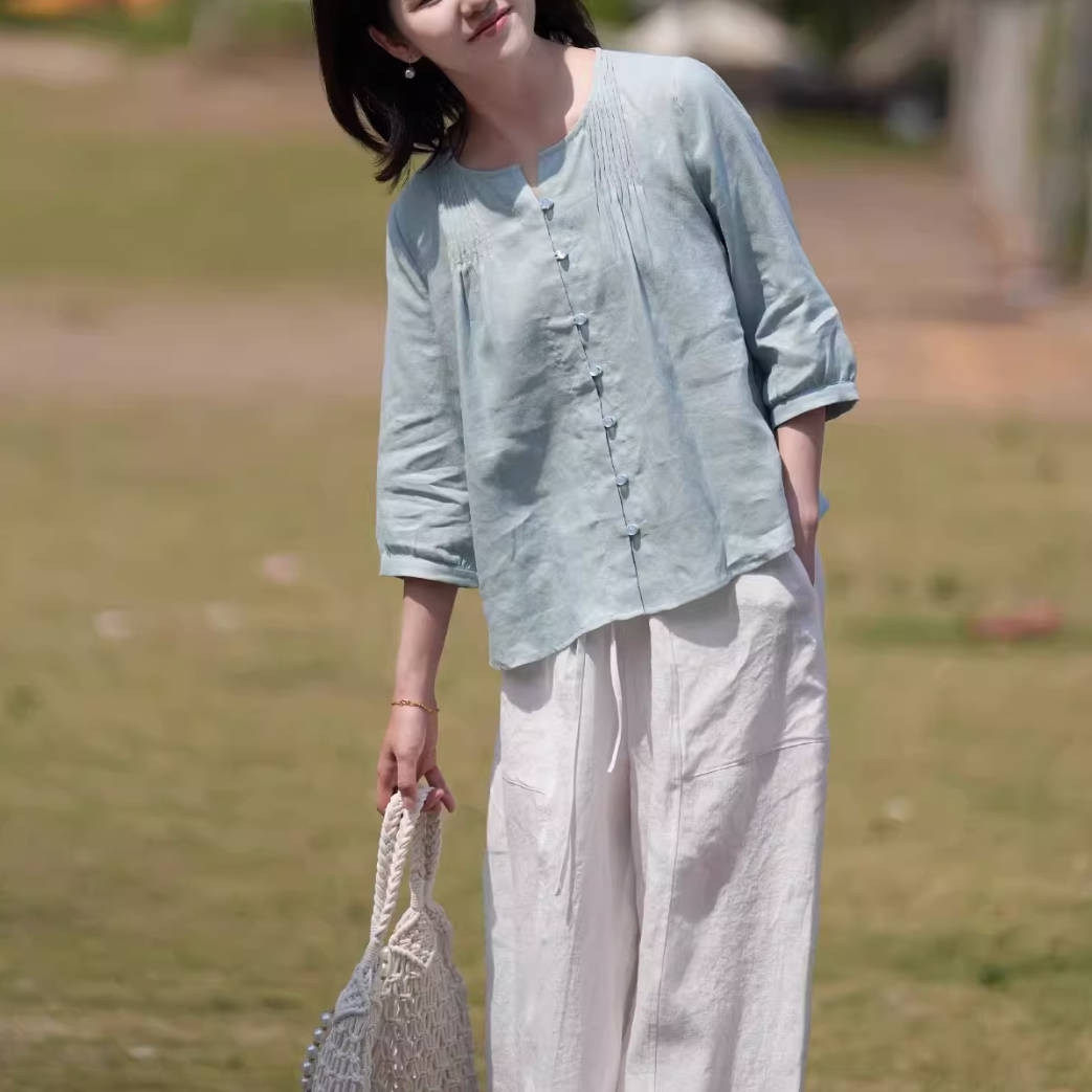 Summer Retro Ramie Round Neck Accordion Pleats Loose Shirt