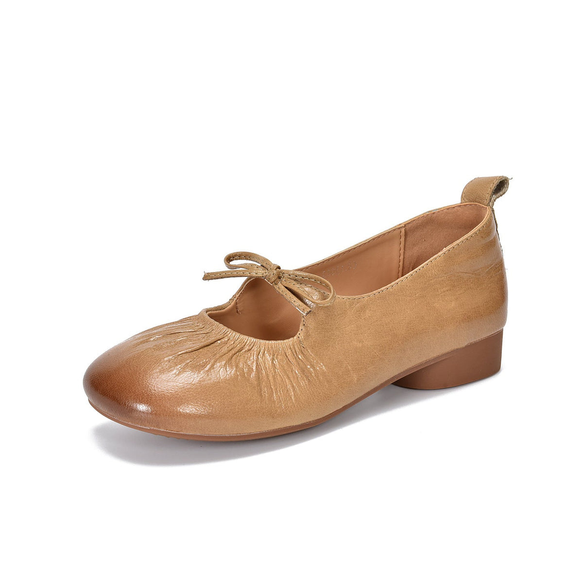Spring Leather Round Toe Shallow Bow Slip-On Chunky Shoes