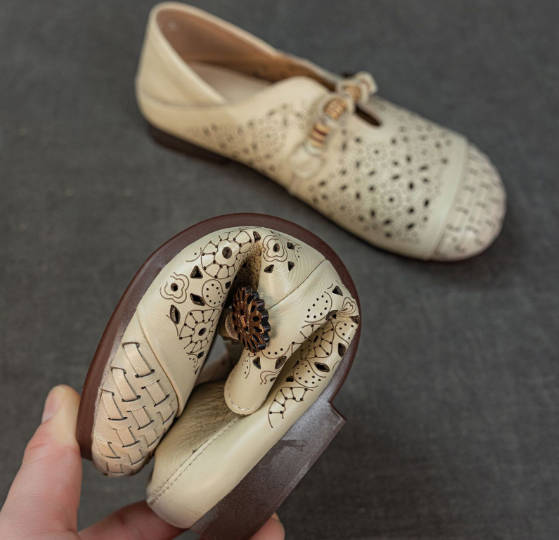 Retro Top Genuine Leather Casual Hollow Out Flat