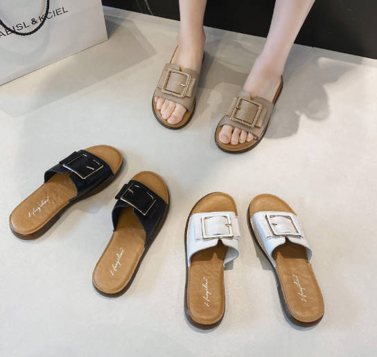 Summer Versatile Women Open Toe Genuine Leather Soft Slide Sandals