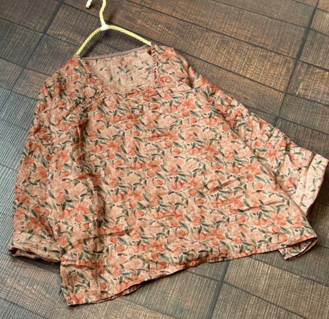 Vintage Casual Loose Ramie Digital Print Square Neck Top