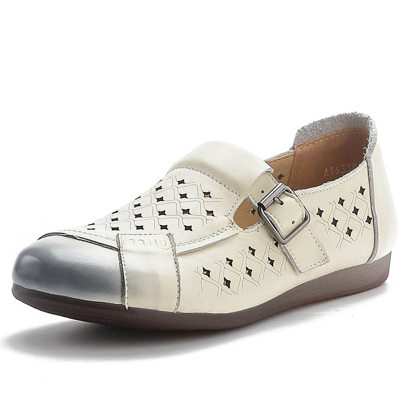Top Leather Round Toe Hallow Soft Flat Sole Comfy Slip-On Shoes