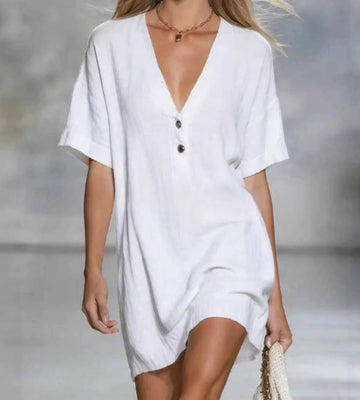Women Loose Casual Cotton Linen V-Neck Short Sleeves Dress