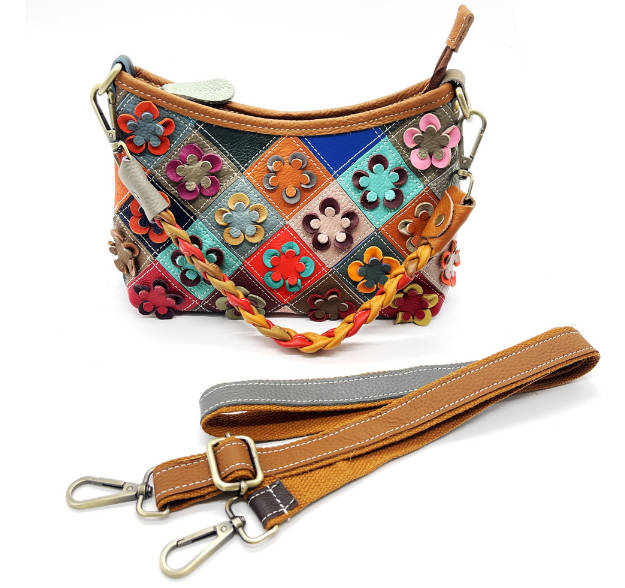 Leather Patchwork Flower Diamond Pattern Color-Block Casual Crossbody Handbag
