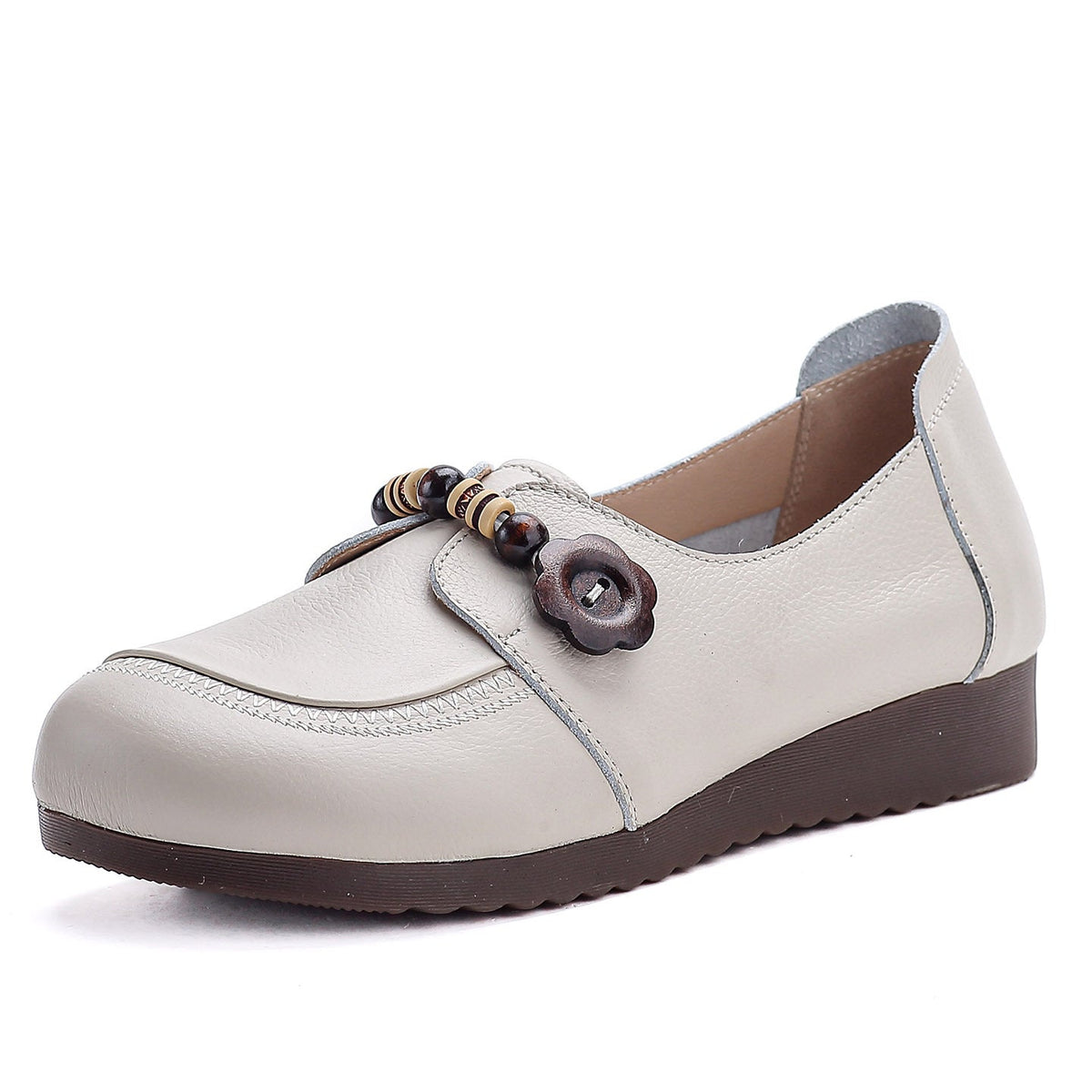Top Leather Round Toe Shallow Beads Slip-On Flat Shoes