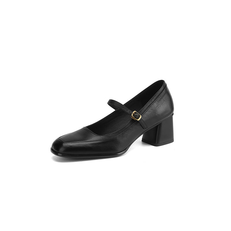 Genuine Leather High Quality Square Toe One Straped Chunky Sandals