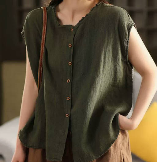 Summer Retro Sleeveless Ruffle Loose Fit Cotton Linen Top