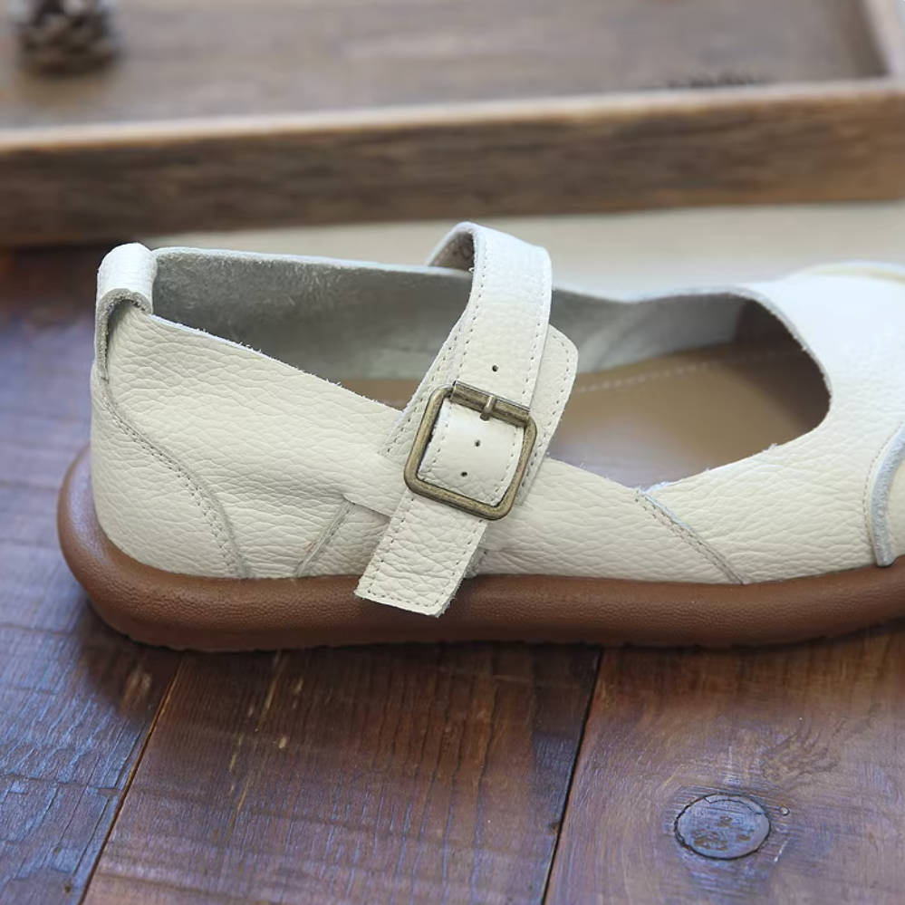Round Toe Leather Shallow Retro One Straped Soft Sole Sandale