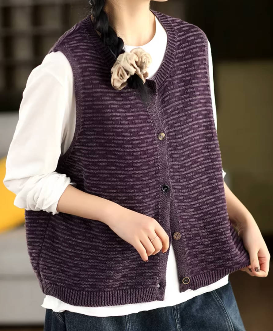 Vintage Cotton Knitted Round Neck Single-Breasted Sleeveless Vest