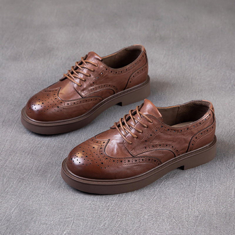 Spring Retro Leather Hallow Breathable  Slim Soft Sole Slip-On Flat Shoes