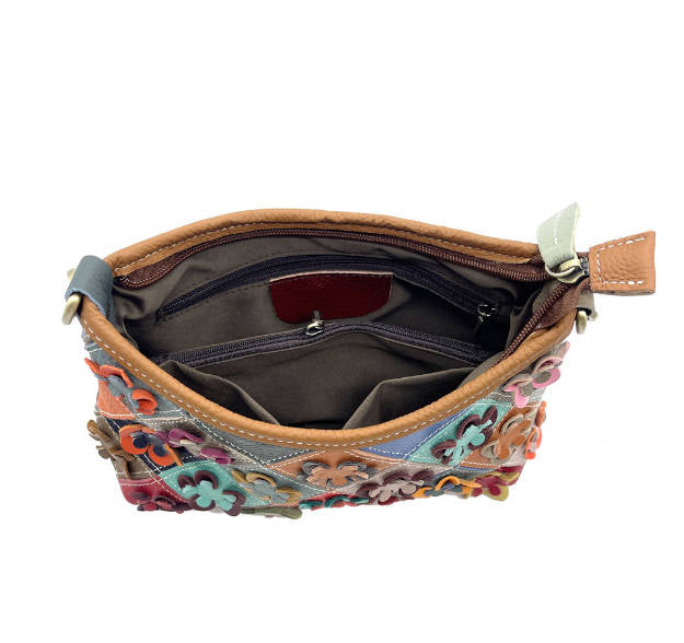 Leather Patchwork Flower Diamond Pattern Color-Block Casual Crossbody Handbag