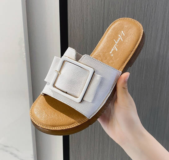 Summer Versatile Women Open Toe Genuine Leather Soft Slide Sandals