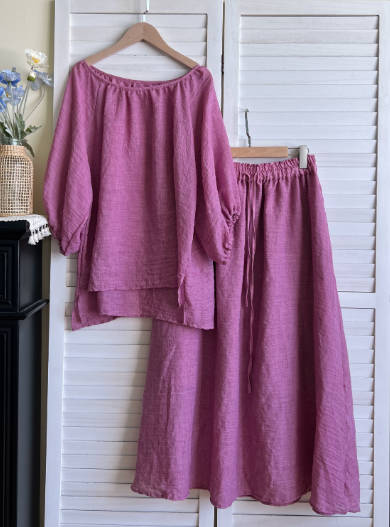 Casual Solid Color Lightweight Cotton Voile Crew Neck Top Loose Skirt Top Set