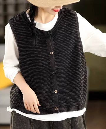 Vintage Cotton Knitted Round Neck Single-Breasted Sleeveless Vest