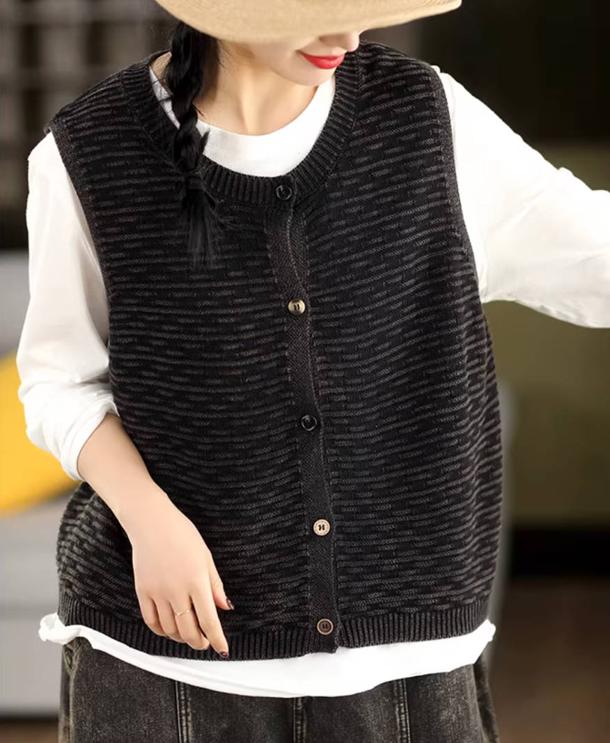 Vintage Cotton Knitted Round Neck Single-Breasted Sleeveless Vest