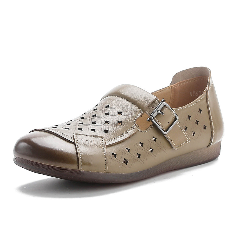 Top Leather Round Toe Hallow Soft Flat Sole Comfy Slip-On Shoes