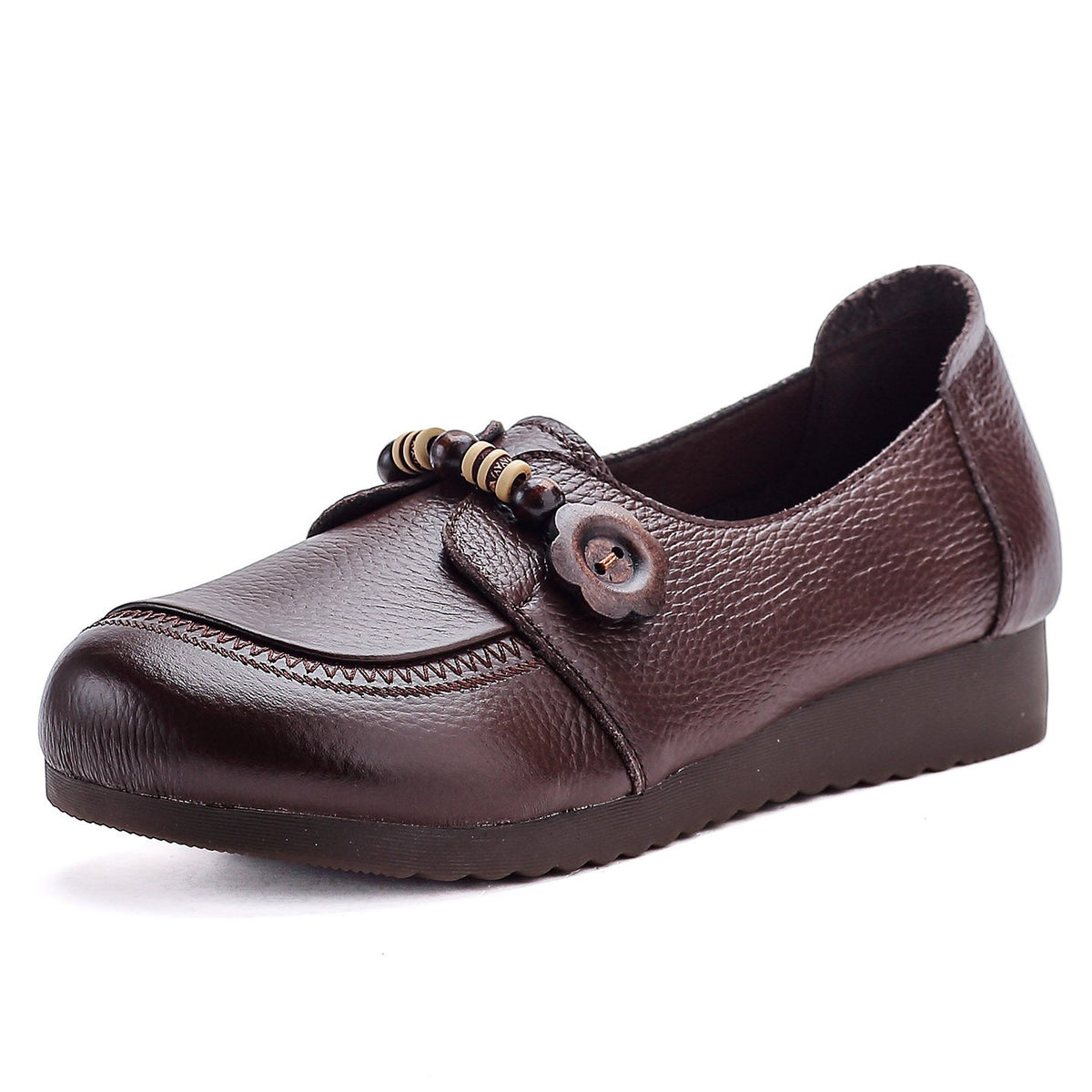 Top Leather Round Toe Shallow Beads Slip-On Flat Shoes