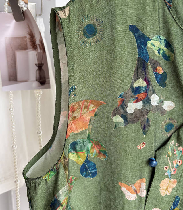 Vintage Floral Printed Frog Button Slanted Placket Mesh Hem Vest Top
