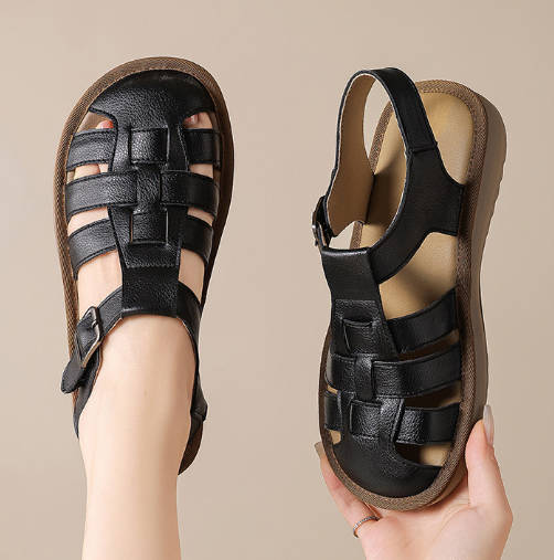 Retro Women Soft Leather Closed Toe Woven Roman Sandals Flats
