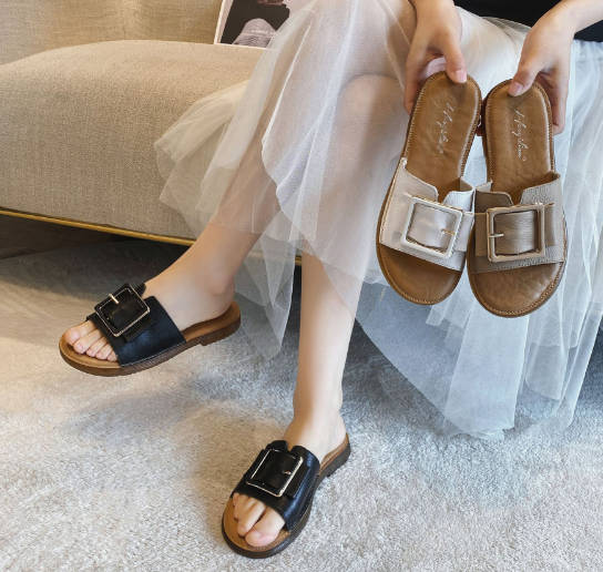 Summer Versatile Women Open Toe Genuine Leather Soft Slide Sandals