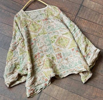 Vintage Casual Loose Ramie Digital Print Square Neck Top