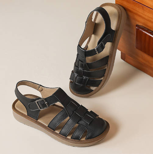 Retro Women Soft Leather Closed Toe Woven Roman Sandals Flats