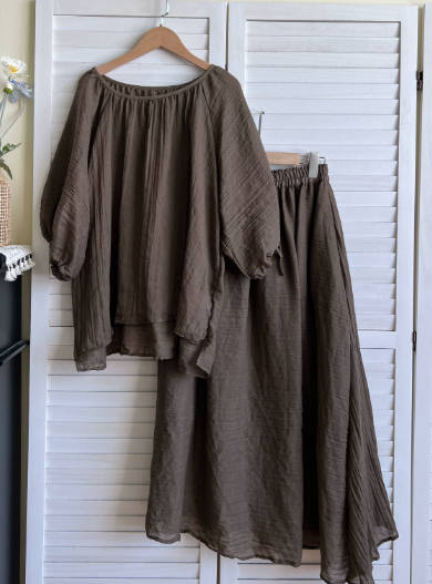 Casual Solid Color Lightweight Cotton Voile Crew Neck Top Loose Skirt Top Set