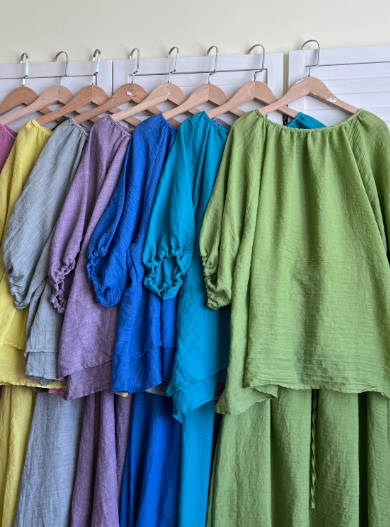 Casual Solid Color Lightweight Cotton Voile Crew Neck Top Loose Skirt Top Set