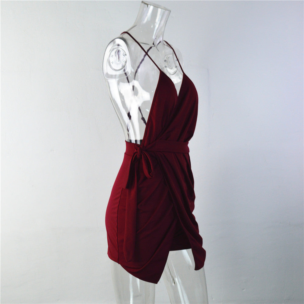 DEEP V-NECK SPAGHETTI STRAPS IRREGULAR SHORT JUMPSUIT