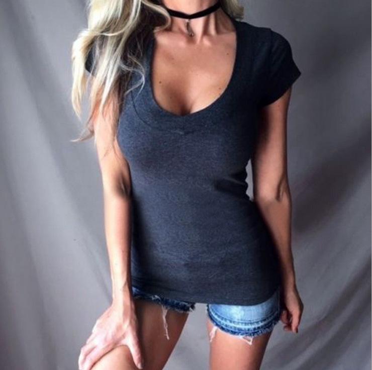 DEEP V-NECK SOLID COLOR SHORT SLEEVES SLIM T-SHIRT