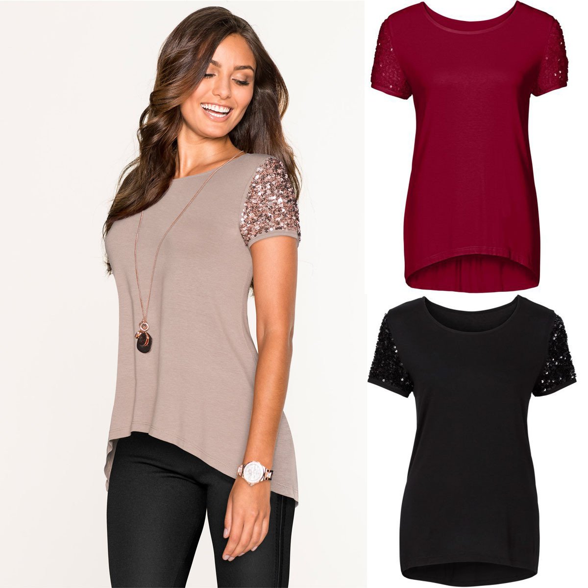 CLEARENCE SEQUINS SHORT SLEEVE PATCHWORK SCOOP IRREGULAR T-SHIRT